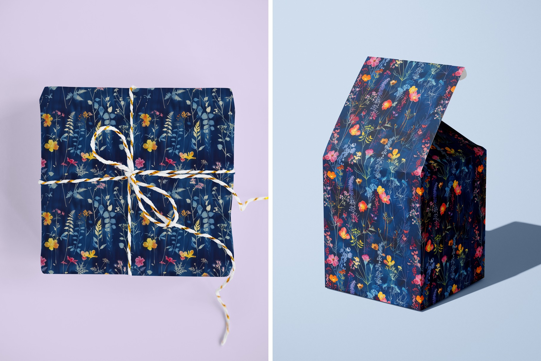 Night Garden Cyanotype Wildflowers: A curated collection of 6 original night garden cyanotype wildflower seamless patterns, with pale blue pressed ferns and bright coral, pink and yellow blooms on - image 6