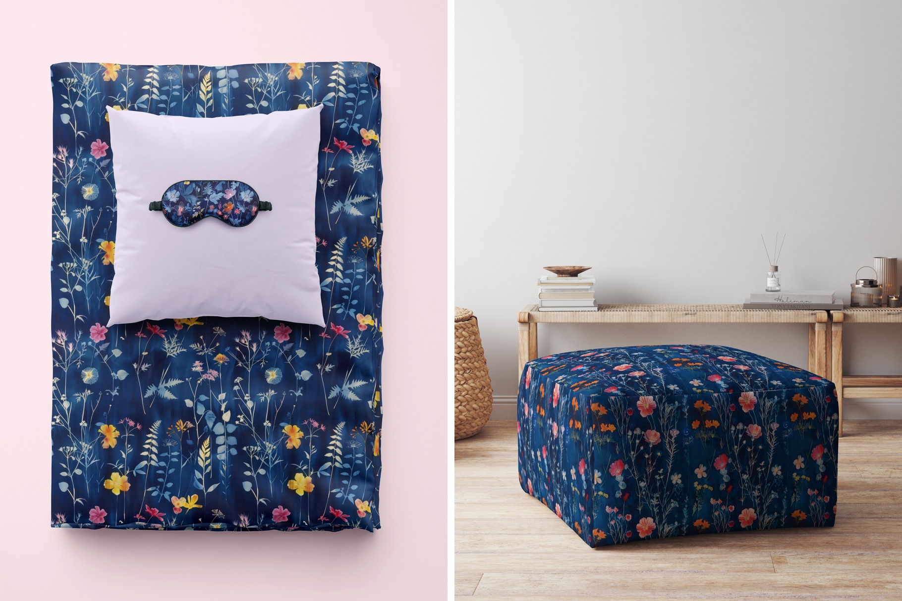 Night Garden Cyanotype Wildflowers: A curated collection of 6 original night garden cyanotype wildflower seamless patterns, with pale blue pressed ferns and bright coral, pink and yellow blooms on - image 7
