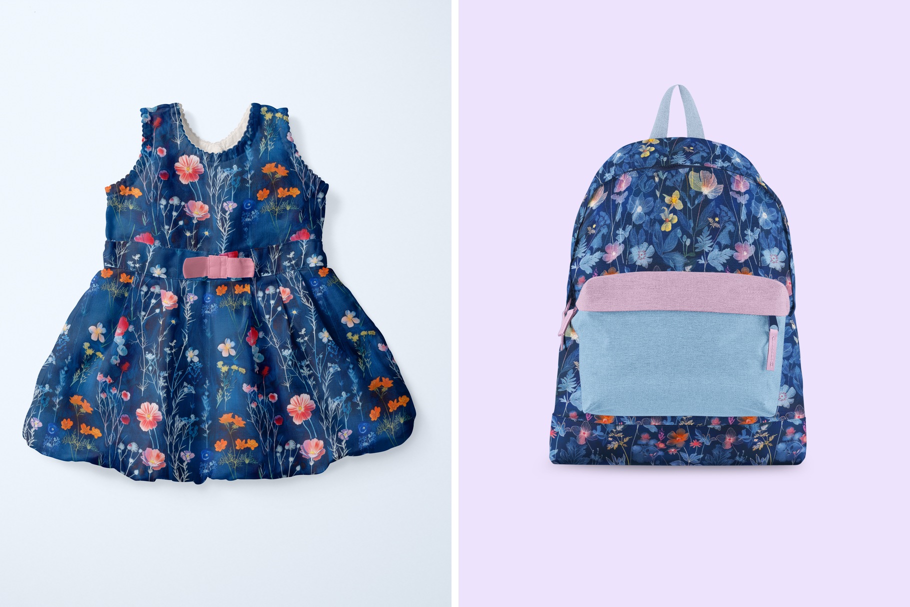 Night Garden Cyanotype Wildflowers: A curated collection of 6 original night garden cyanotype wildflower seamless patterns, with pale blue pressed ferns and bright coral, pink and yellow blooms on - image 8
