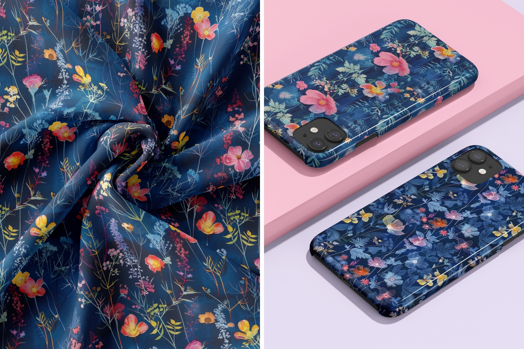 Night Garden Cyanotype Wildflowers: A curated collection of 6 original night garden cyanotype wildflower seamless patterns, with pale blue pressed ferns and bright coral, pink and yellow blooms on - image 9