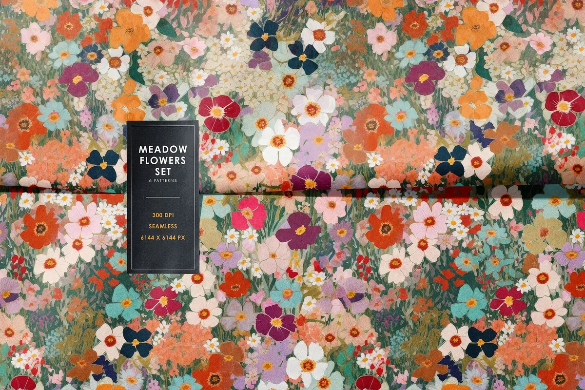 Ditsy Wildflower Meadow Patterns Set: A cheerful collection of seamless ditsy wildflower meadow patterns in a vibrant, sunlit color palette. - 13