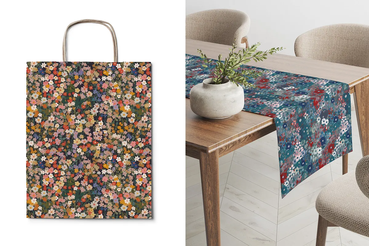 Ditsy Wildflower Meadow Patterns Set: A cheerful collection of seamless ditsy wildflower meadow patterns in a vibrant, sunlit color palette. - 18