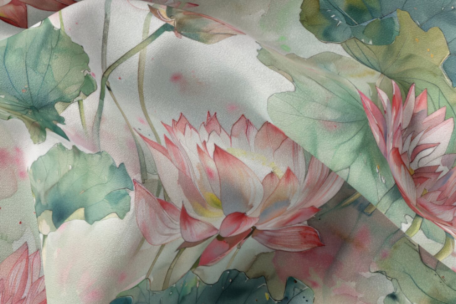 Draped silk printed with a soft lotus pattern