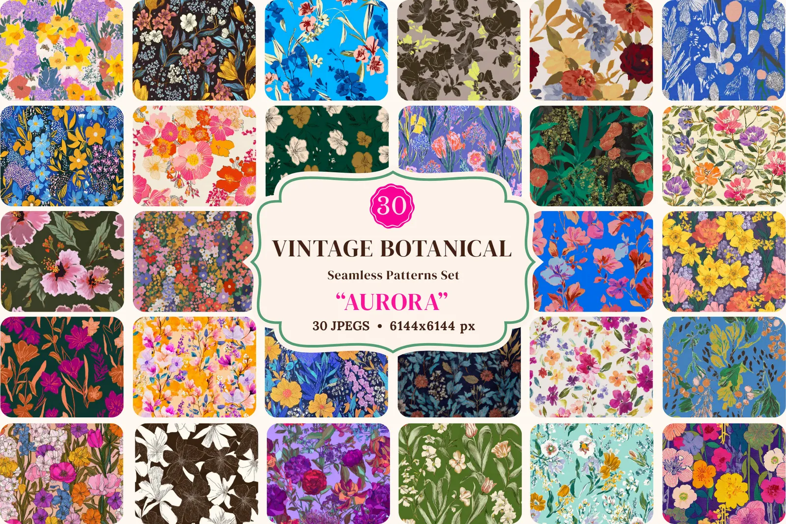 Vintage Botanical Set "Aurora": A curated collection of 30 original vintage botanical seamless patterns. - image 1
